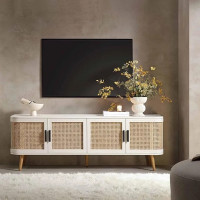Noziya Solid Sheesham Wooden TV Stand | Rattan Entertainment Unit with Ample Storage for Living Room